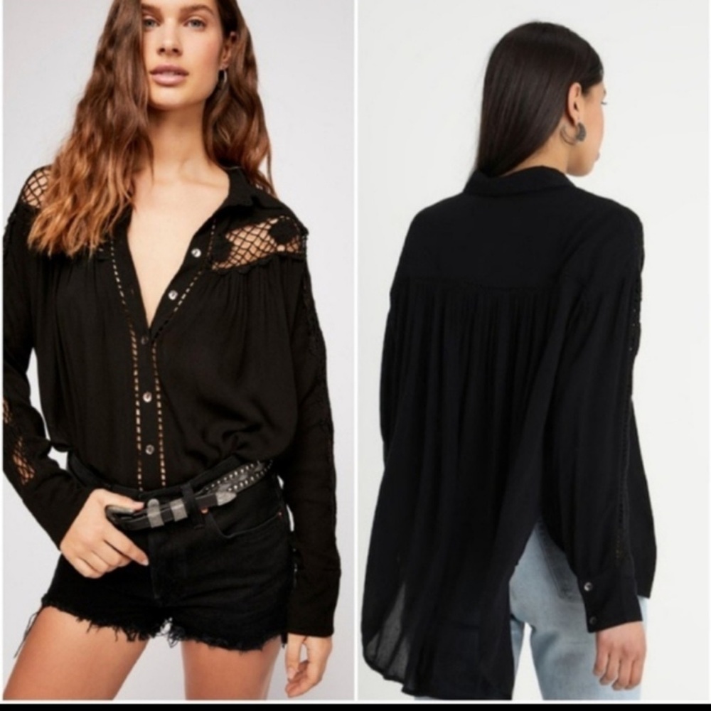 Free People Katie Bird Slouchy Long Sleeve Top Black Button Down Size S